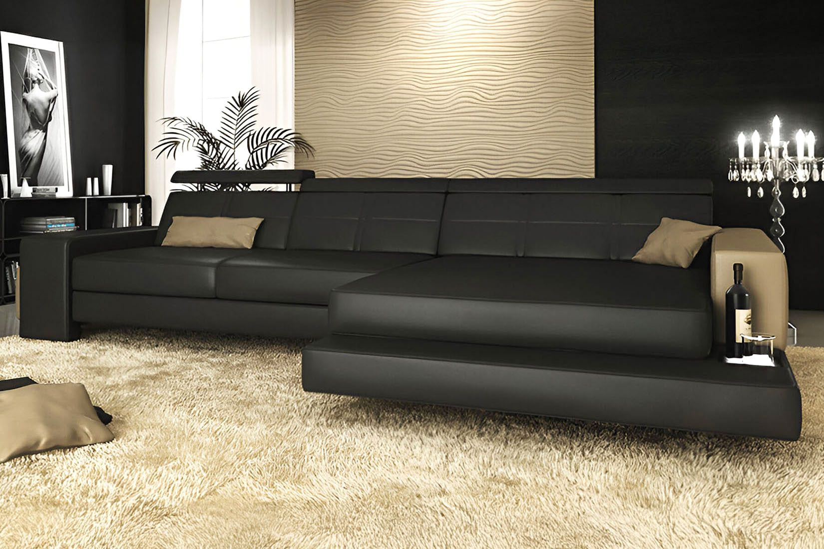 Oskar III [S] Ledersofa mit Ottomane L-Form