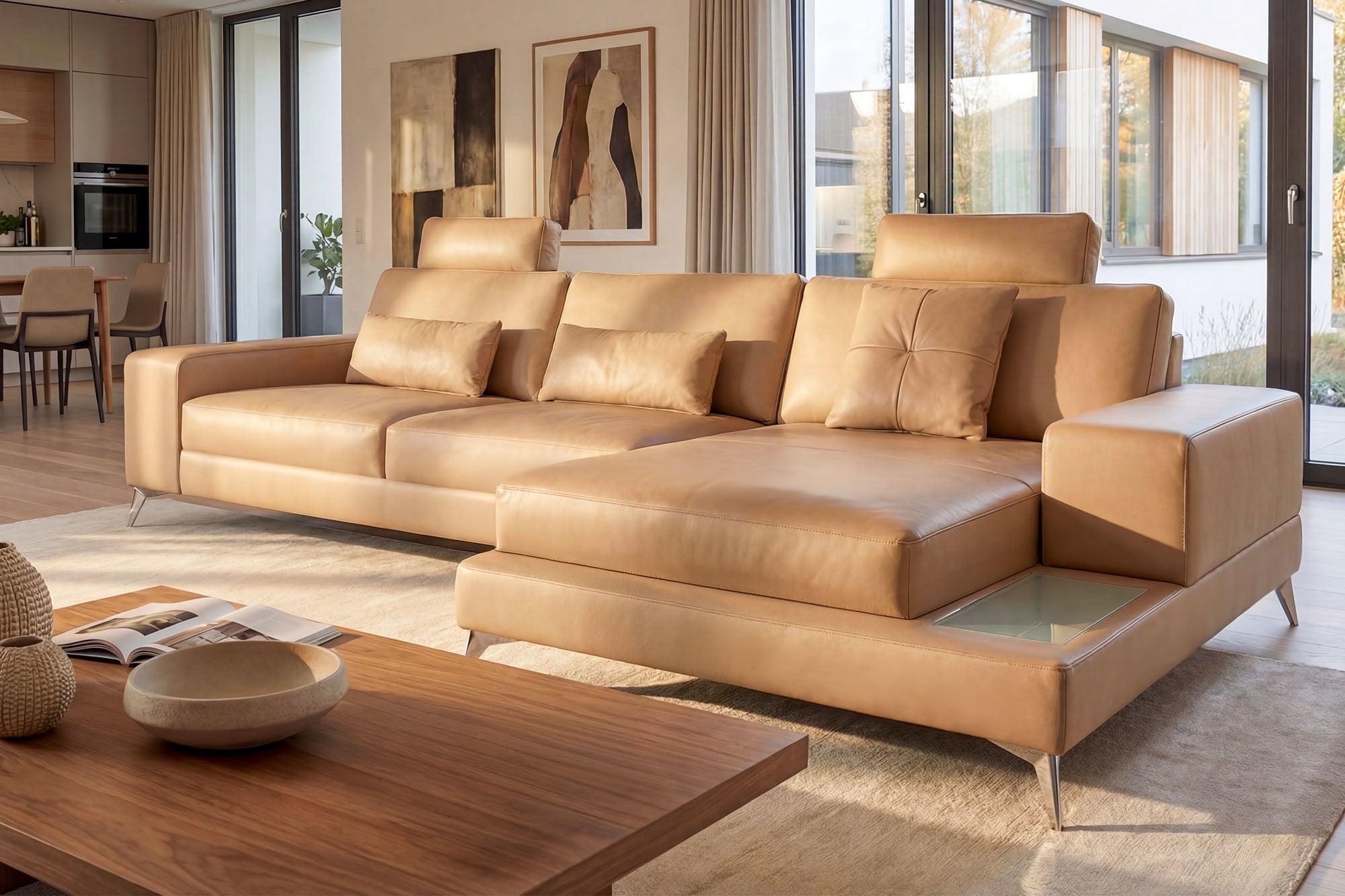 Maximilian III [S] Ledersofa mit Ottomane L-Form