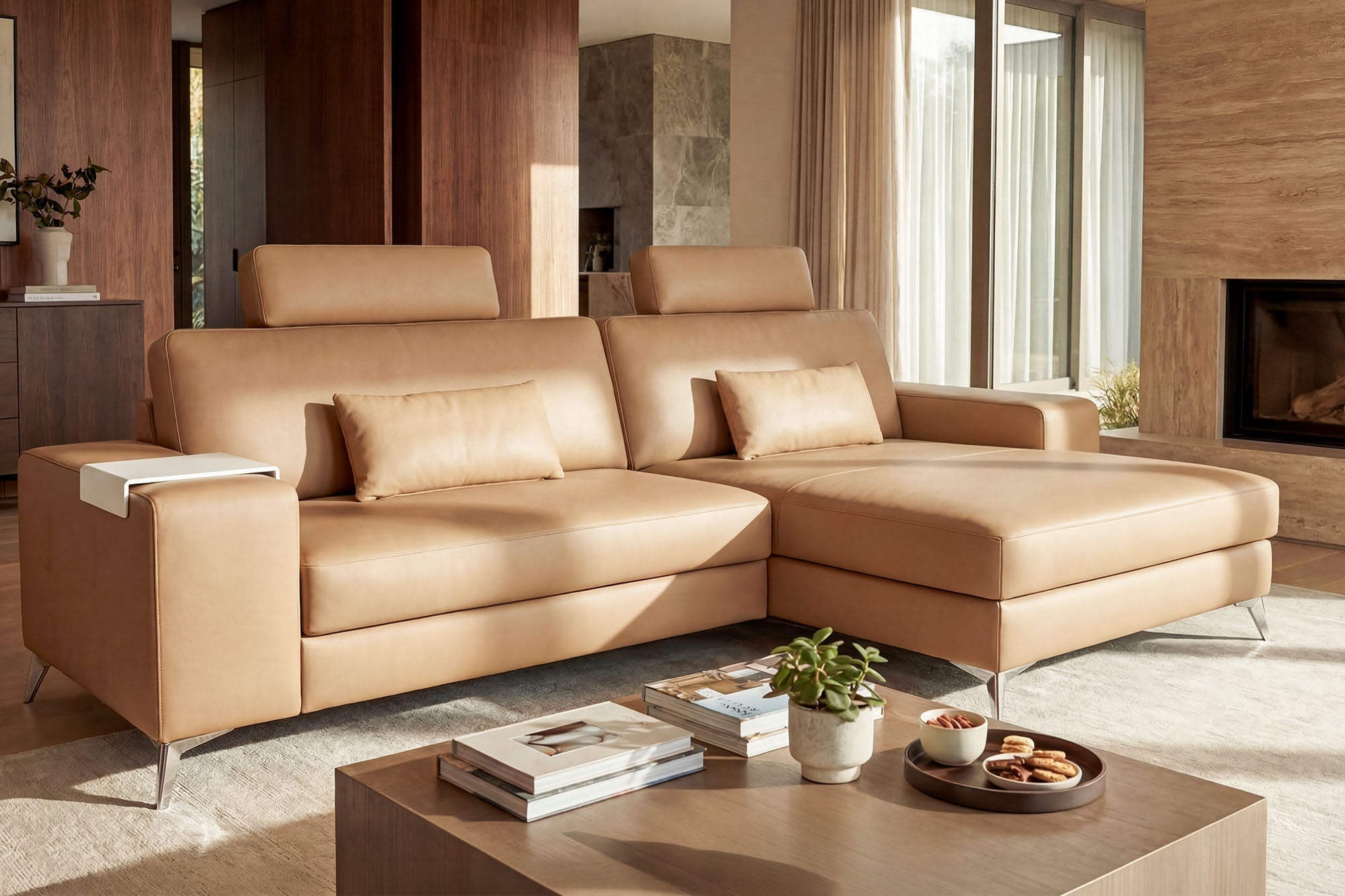 Maximilian IV [S] Kleines Ledersofa mit Ottomane L-Form