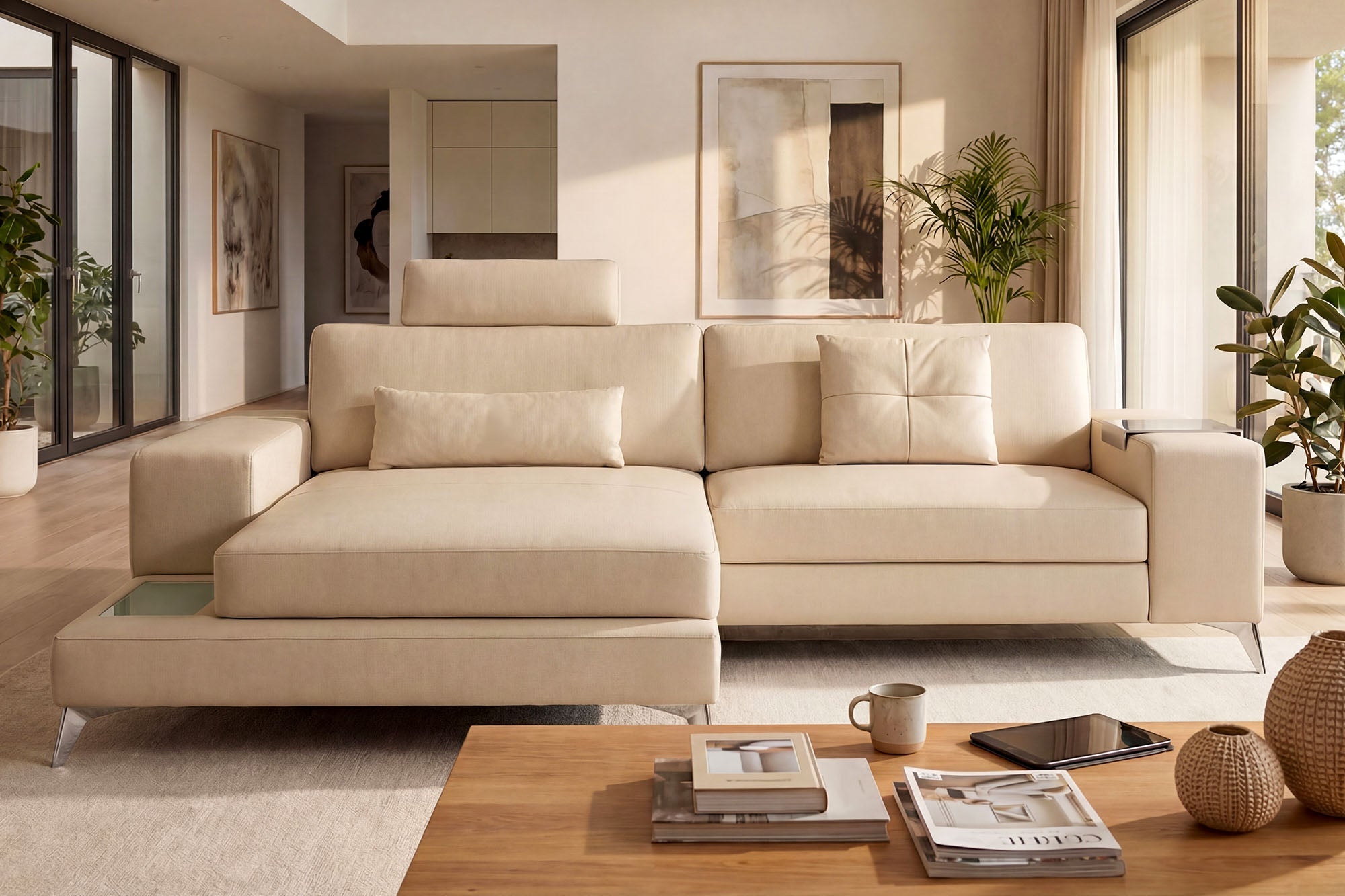 Maximilian IV [S] Kleines Ledersofa mit Ottomane L-Form